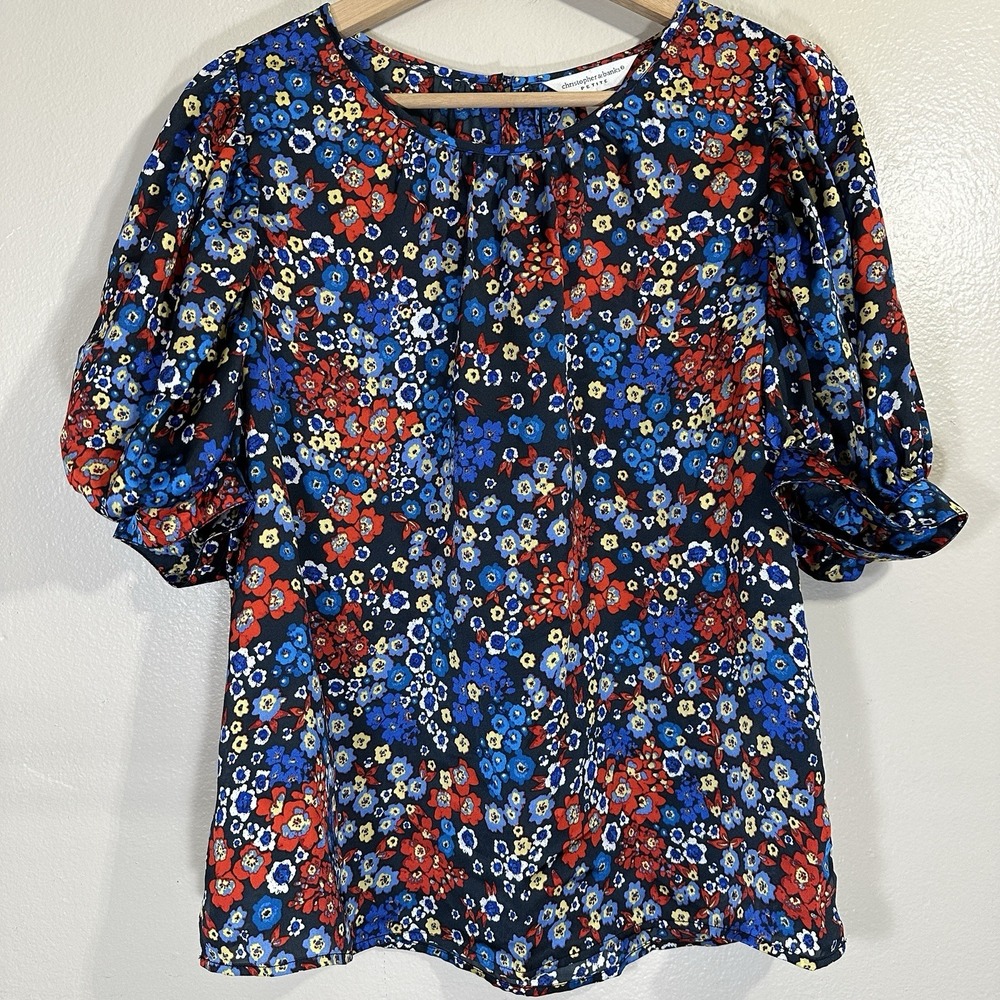 Christopher & Banks‎ Women's Petite M Blue Red Floral Ruffle Blouse Top NEW